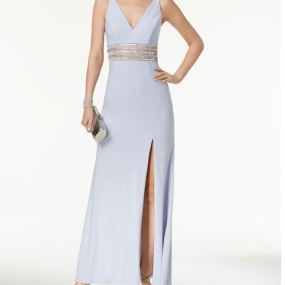 Xscape dress-light blue long gown with rhinestone design waistline size 2